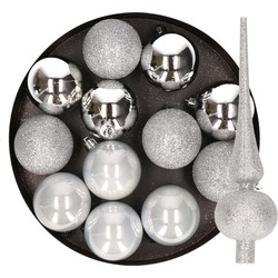 12x stuks kunststof kerstballen 6 cm inclusief glitter piek zilver - Kerstbal