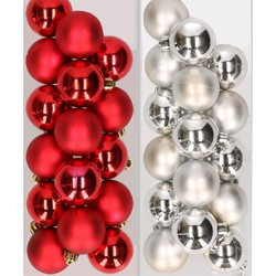 32x stuks kunststof kerstballen mix van rood en zilver 4 cm - Kerstbal