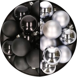 24x stuks kunststof kerstballen mix van zwart en zilver 6 cm - Kerstbal