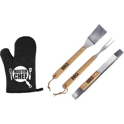 Luxe barbecue gereedschap set met houten handgrepen 3-delig RVS met BBQ handschoen Masterchef - Barbecuegereedschapset