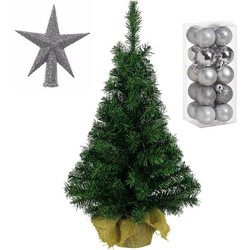 Volle kunst kerstboom 35 cm in jute zak inclusief zilveren versiering 21-delig - Kunstkerstboom