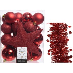 Kerstversiering kerstballen 5-6-8 cm met ster piek en sterren slingers pakket rood van 35x stuks - Kerstbal