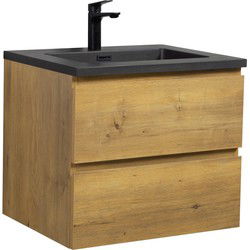 Badplaats Badkamermeubel Set Angela 60 cm - Eiken - Badmeubel met Zwarte Wastafel
