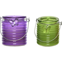 Citronella windlicht met kaars - paars en groen - 20 branduren - citrusgeur - geurkaarsen