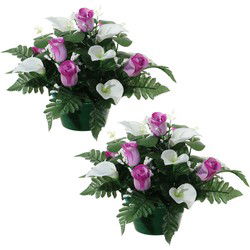Louis Maes Kunstbloemen plantje in pot - 2x - wit/paars - 26 cm - Bloemstuk ornament - rozen met bladgroen - Kunstbloemen