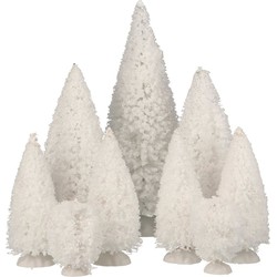 9x stuks kerstdorp onderdelen miniatuur kerstbomen/dennenbomen wit - Kerstdorpen