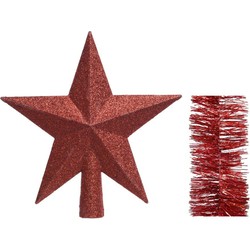 Kerstversiering kunststof glitter ster piek 19 cm en glitter folieslingers pakket rood van 3x stuks - kerstboompieken