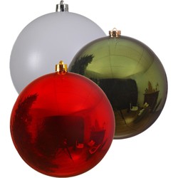 Kerstversieringen set van 6x grote kunststof kerstballen groen-wit-rood 14 cm glans - Kerstbal