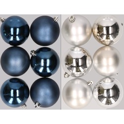 12x stuks kunststof kerstballen mix van donkerblauw en zilver 8 cm - Kerstbal