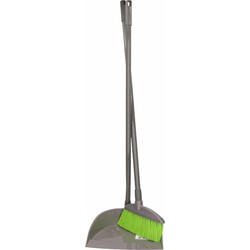 Kunststof stoffer en blik lime groen lange steel 76 cm - Stoffer en blik