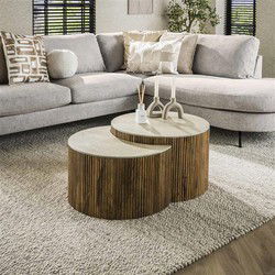 Hoyz Collection - Salontafel Set-2 Halfrond Nuovo Travertin - Massief Mango Zandkleur