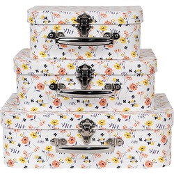 Clayre & Eef Decoratie Koffer Set van 3 30x22x9/25x20x9/20x17x8 cm Wit Karton Rechthoek Bloemen
