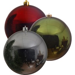 Kerstversieringen set van 6x grote kunststof kerstballen rood-groen-zilvergrijs 14 cm glans - Kerstbal