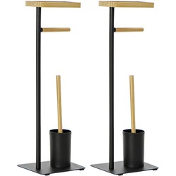 2x stuks toiletborstels met toiletrolhouder zwart kunststof/bamboe 67 cm - Handdoekrekken