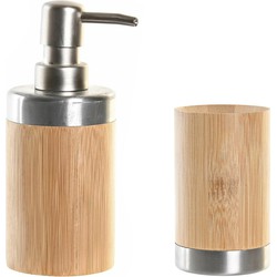 Badkamer accessoires setje drinkbeker en zeeppompje 17 cm bamboe/zilver - Zeeppompjes