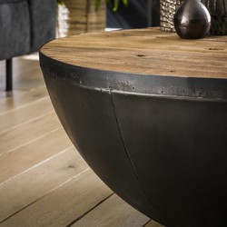 Salontafel Zwart Metaal - Robuust Hardhout - Rond - Ø90cm