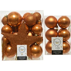 Kerstversiering kunststof kerstballen met piek cognac bruin 5-6-8 cm pakket van 45x stuks - Kerstbal