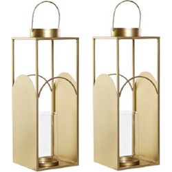 Set van 2x stuks metalen kaarsenhouders / lantaarns goud met glas 45 cm - Lantaarns