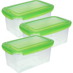 3x Voedsel plastic bewaarbakje 2,5 liter transparant/groen - Vershoudbakjes
