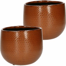 Set van 2x stuks bloempotten bruin ribbels keramiek voor kamerplant H14 x D16 cm - Plantenpotten