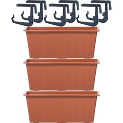 3x Terracotta balkon reling bakken/bloempotten 6,5 liter - Plantenbakken