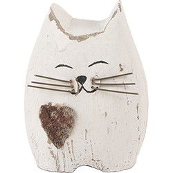 Clayre & Eef Decoratie Beeld Kat Wit Bruin Hout