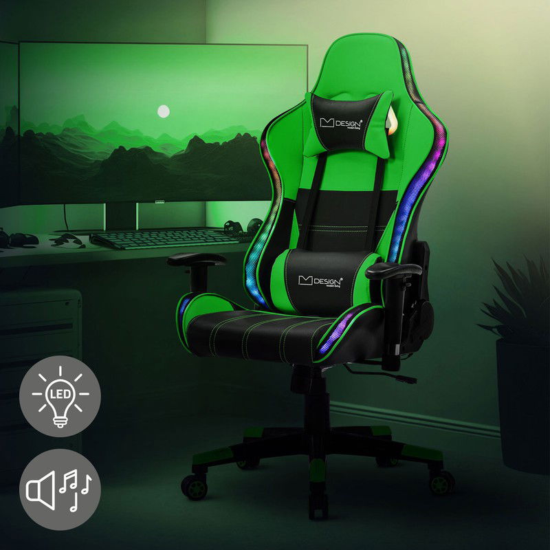 Gamingstoel met RGB-verlichting & Bluetooth-luidsprekers in zwart/groen kunstleer ML-ontwerp - 