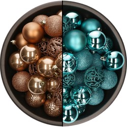 74x stuks kunststof kerstballen mix van camel bruin en turquoise blauw 6 cm - Kerstbal