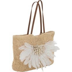 J-line - Strandtas Met Schelpen/veren Papier Naturel/wit - 34x49x3cm