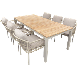 Set van Arashi tafel 220x100x76 cm salix/teak en 6 Rocha stoelen salix/flax beige