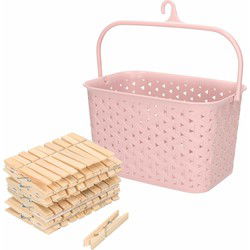 Wasknijpers mandje met ophanghaak - roze - gevuld met 100x houten wasknijpers van 7 cm - knijperszakken