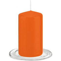 Trend Candles - Stompkaarsen met glazen onderzetters set van 2x stuks - oranje 6 x 12 cm - Stompkaarsen