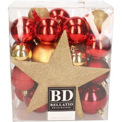 Bellatio Decorations set 33x stuks kunststof kerstballen met ster piek rood en goud - Kerstbal