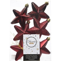 6x Kunststof sterren kerstballen glans/mat/glitter donkerrood 7 cm kerstboom versiering/decoratie - Kersthangers
