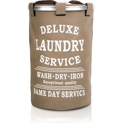 Decopatent® Wasmand 50L - Rond - Tekst Deluxe Laundry Service -> Same Day Service- Badkamer - Wasmand afsluitbaar - Waszak - Bruin