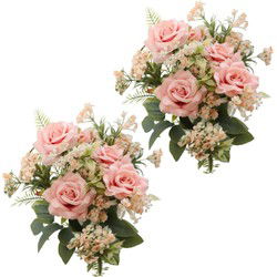 Chaks Rozen kunstbloemen boeket - 2x - licht roze - H41 cm - Kunstbloemen