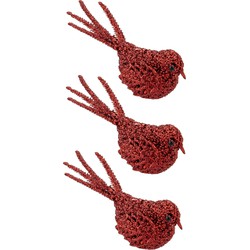 3x stuks decoratie vogels op clip glitter rood 16 cm - Kersthangers