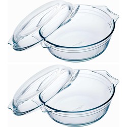 2x Ovenschalen/braadsleses rond van glas met deksel 3 liter 23 x 11 cm - Ovenschalen