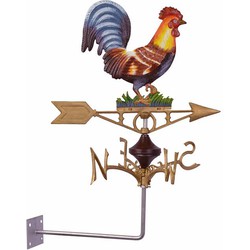 A CAST IRON WALL MOUNT ROOSTER WEATHER VANE