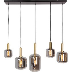 Lekar Hanglamp 5 lichts op balk antiek brons+smoke glas - Eigentijds Modern - 2 jaar garantie