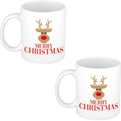 4x stuks Merry Christmas rendier kerstmok / kerstbeker wit 300 ml - Bekers