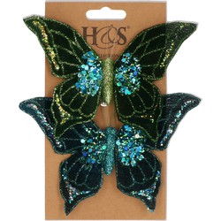 2x stuks kunststof decoratie vlinders op clip groen/blauw 10 x 15 cm - Kunstbloemen