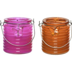 Citronella kaars - 2x - in windlicht - roze en oranje - 20 branduren - citrusgeur - geurkaarsen