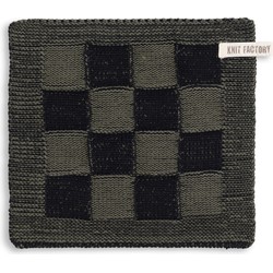 Knit Factory Gebreide Pannenlap Block - Zwart/Khaki - 23x23 cm