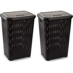 Plasticforte wasmand met deksel - 2x - 60l - bruin - 35x43x62 cm - Wasmanden