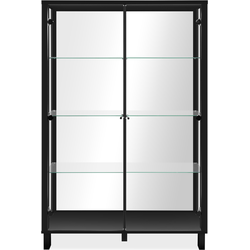 Vitrinekast met 2 glazen deuren en 6 zwarte glazen legplanken met spiegelachterwand, 100 cm  ALBI