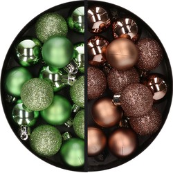 28x stuks kleine kunststof kerstballen groen en bruin 3 cm - Kerstbal