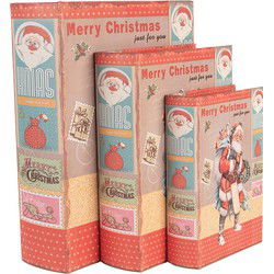 Clayre & Eef Opbergdoos Set van 3 Boeken 27 /22 /17 cm Rood Hout Kerstman