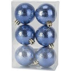 6x Kunststof kerstballen cirkel motief donkerblauw 6 cm kerstboom versiering/decoratie - Kerstbal