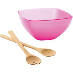 Serveerschaal/slakom met bamboe sla bestek - fuchsia roze - 2,75 liter - kunststof - D22,5 x H9,5 cm - Serveerschalen